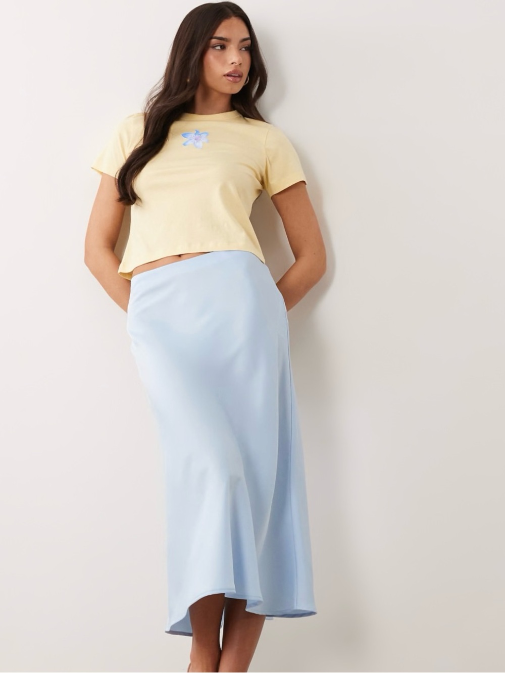 Light Blue Satin Bias Midi Skirt